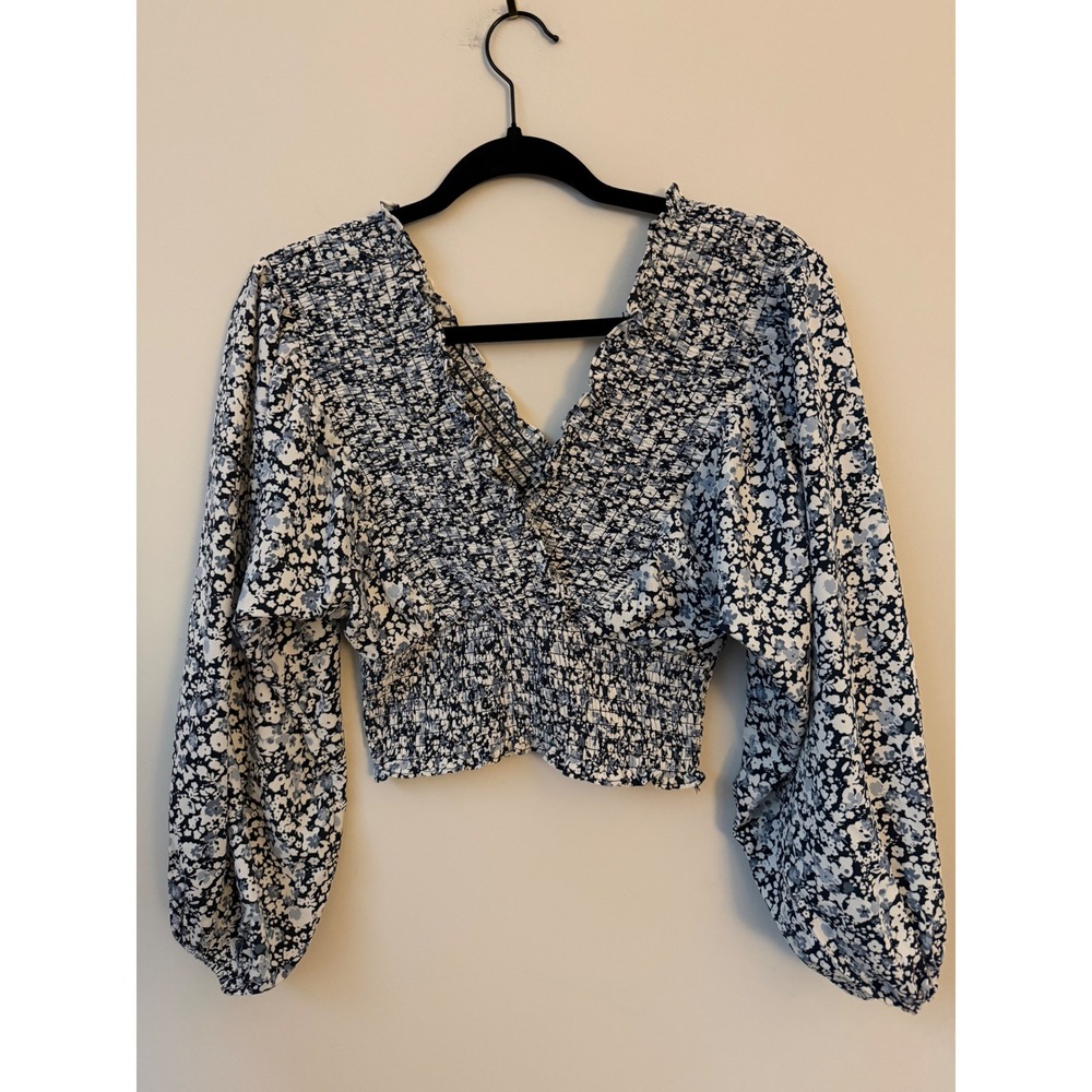 Abercrombie & Fitch Women's Small Blue Floral Ruched Crop Top Puff Sleeve